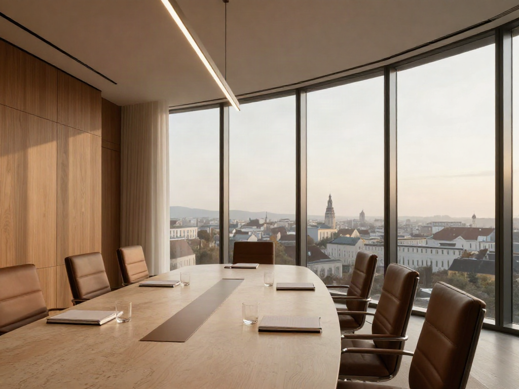Warm, light-filled executive boardroom overlooking a European city