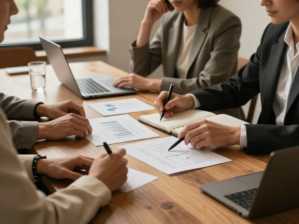 Consultants reviewing business charts and planning next steps together